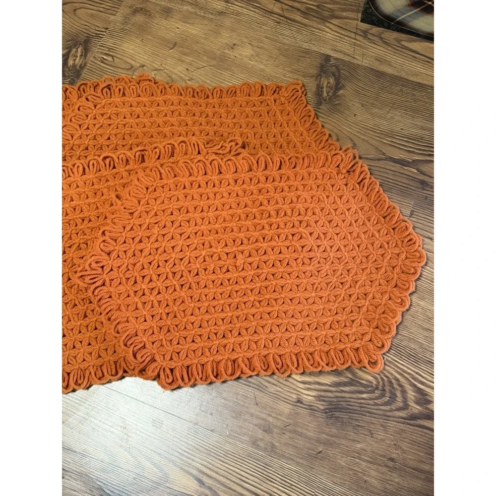 Vintage 70s Orange Brown (4) Handmade Crochet Placemats Granny MCM Flower Double